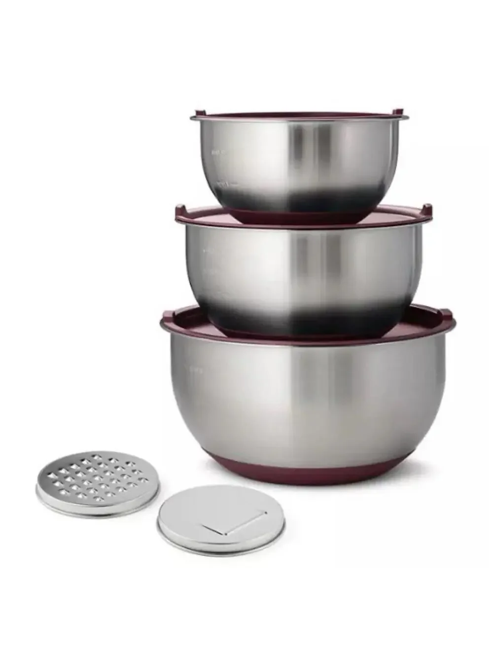 Tramontina Stainless Steel Mixing Bowl 8 Pieces and Grater Set with Lids Maroon